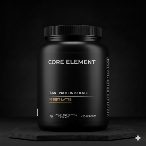 DESERT LATTE protein powder container front facing view with black background