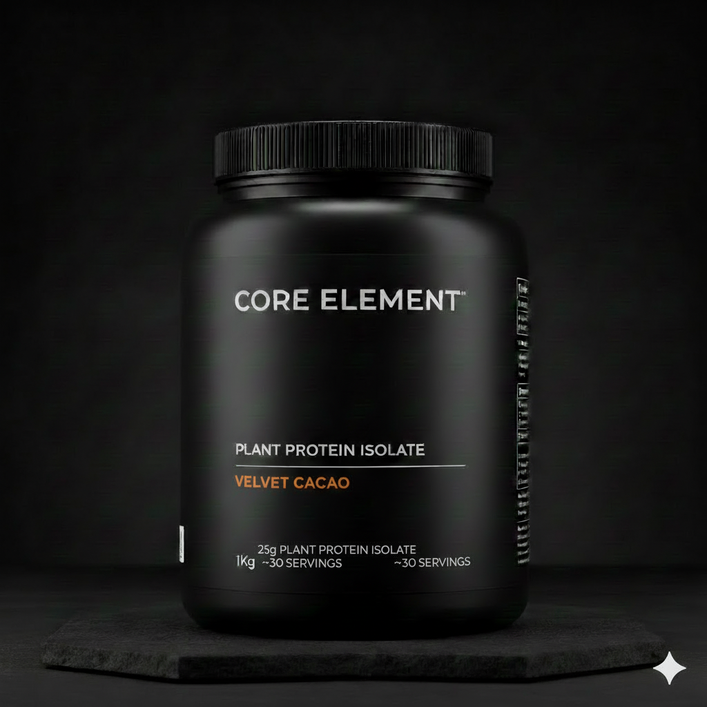 VELVET CACAO protein powder container front facing view with black background