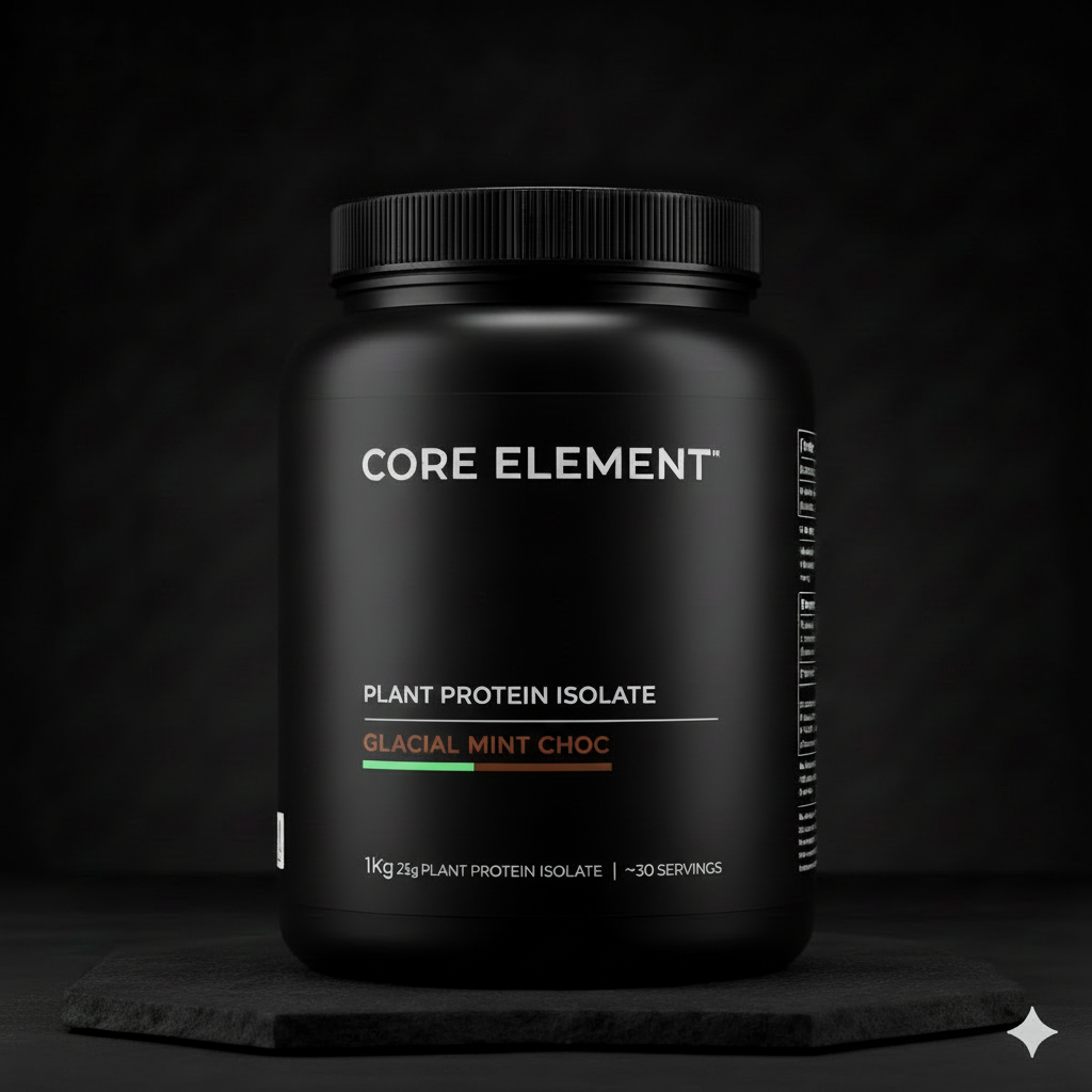 GLACIAL MINT CHOC protein powder container front facing view with black background